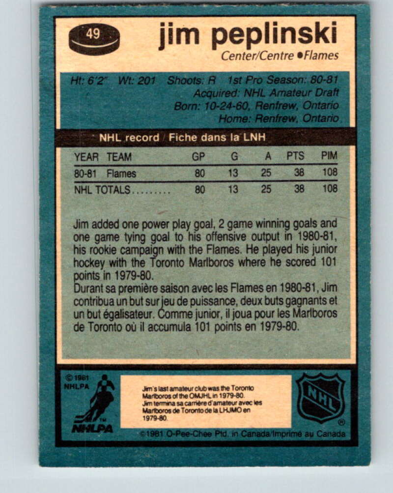 1981-82 O-Pee-Chee #49 Jim Peplinski  RC Rookie Calgary Flames  V29740