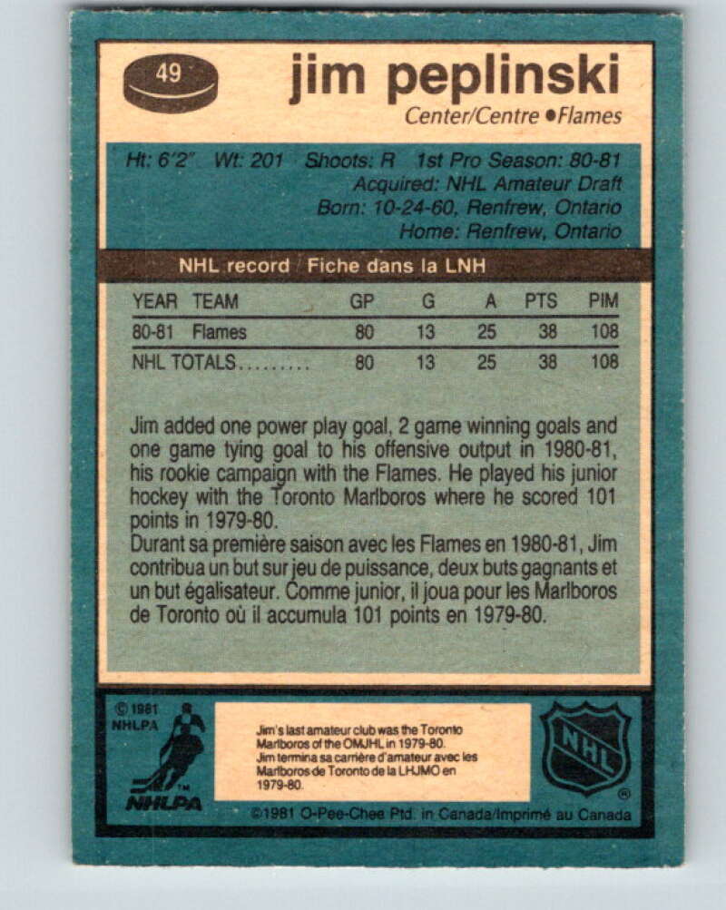 1981-82 O-Pee-Chee #49 Jim Peplinski  RC Rookie Calgary Flames  V29744