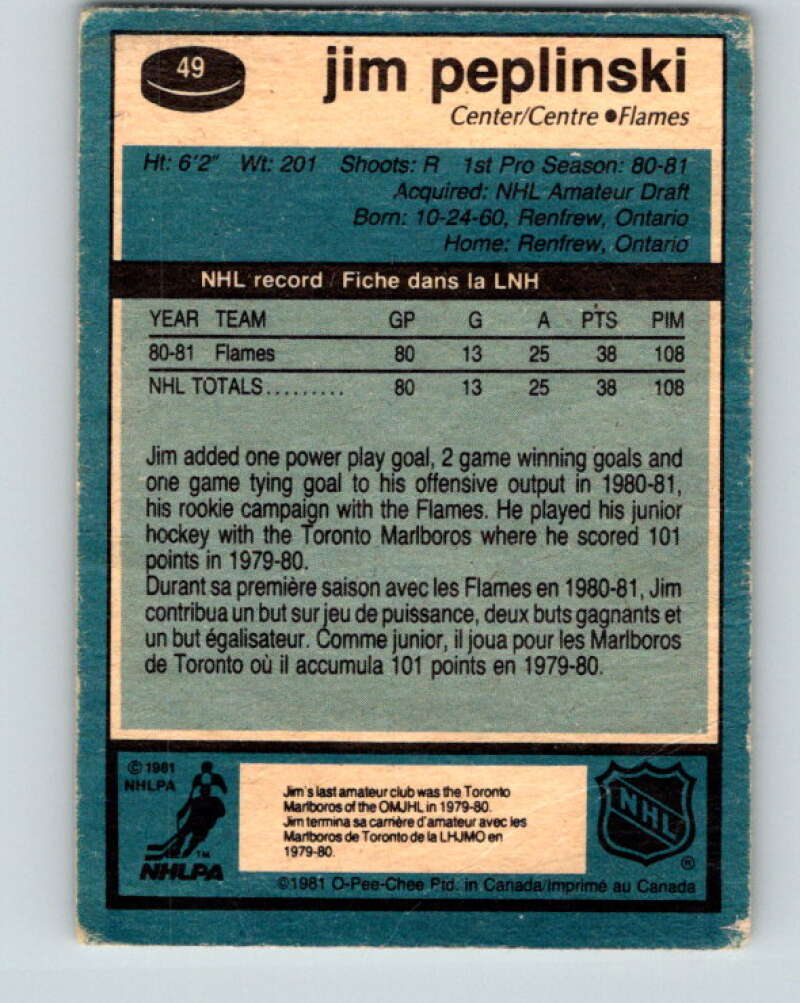 1981-82 O-Pee-Chee #49 Jim Peplinski  RC Rookie Calgary Flames  V29746