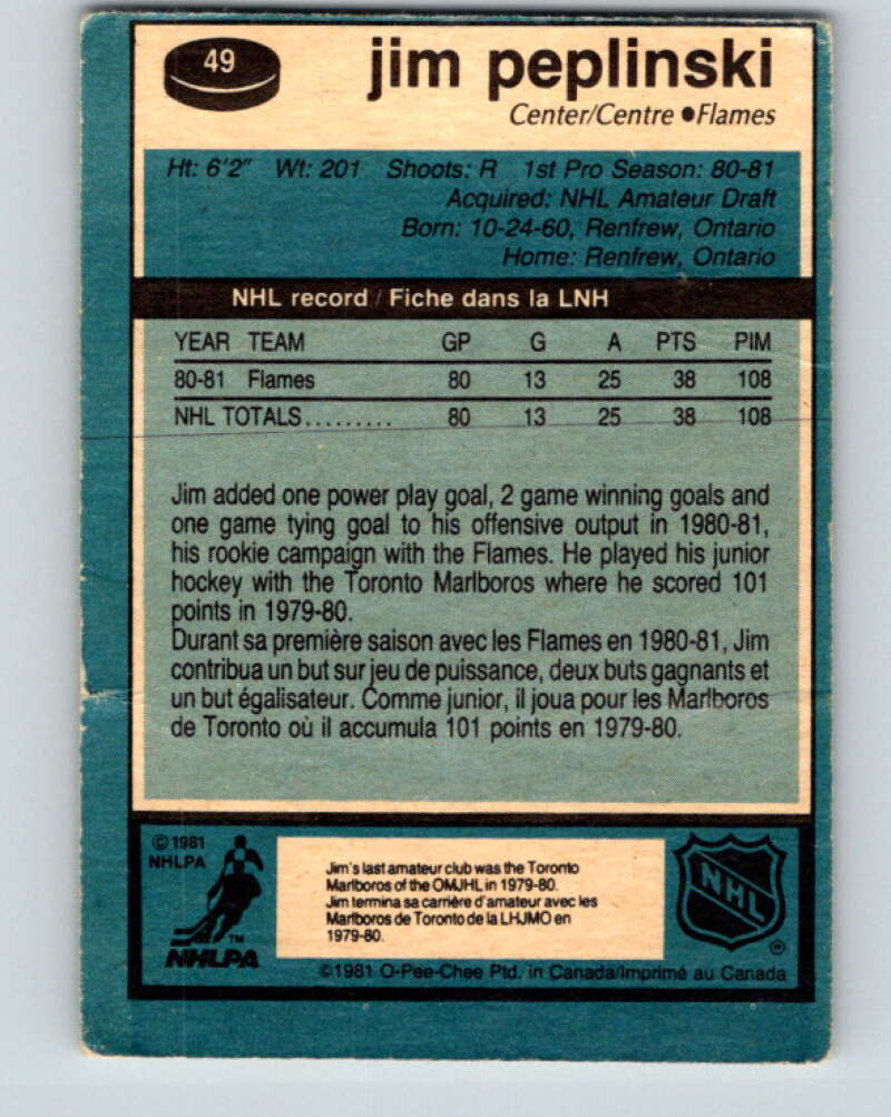 1981-82 O-Pee-Chee #49 Jim Peplinski  RC Rookie Calgary Flames  V29747