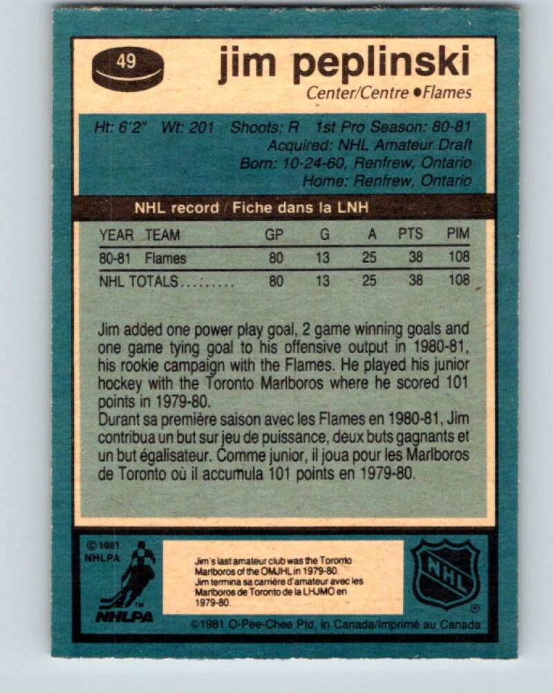 1981-82 O-Pee-Chee #49 Jim Peplinski  RC Rookie Calgary Flames  V29749