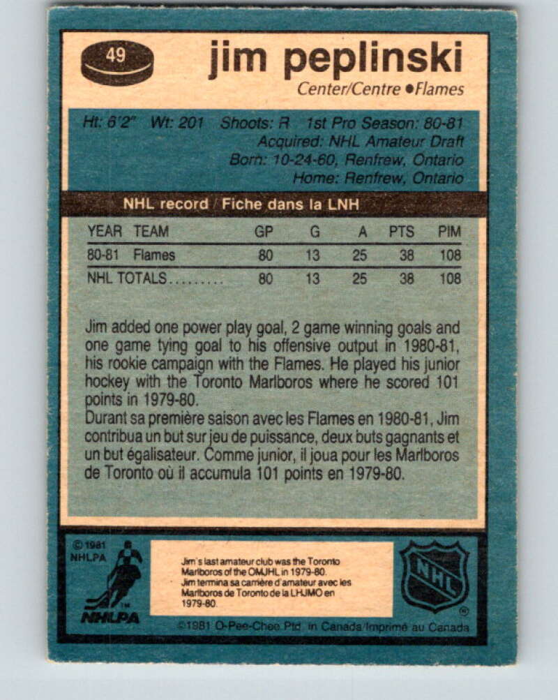 1981-82 O-Pee-Chee #49 Jim Peplinski  RC Rookie Calgary Flames  V29750