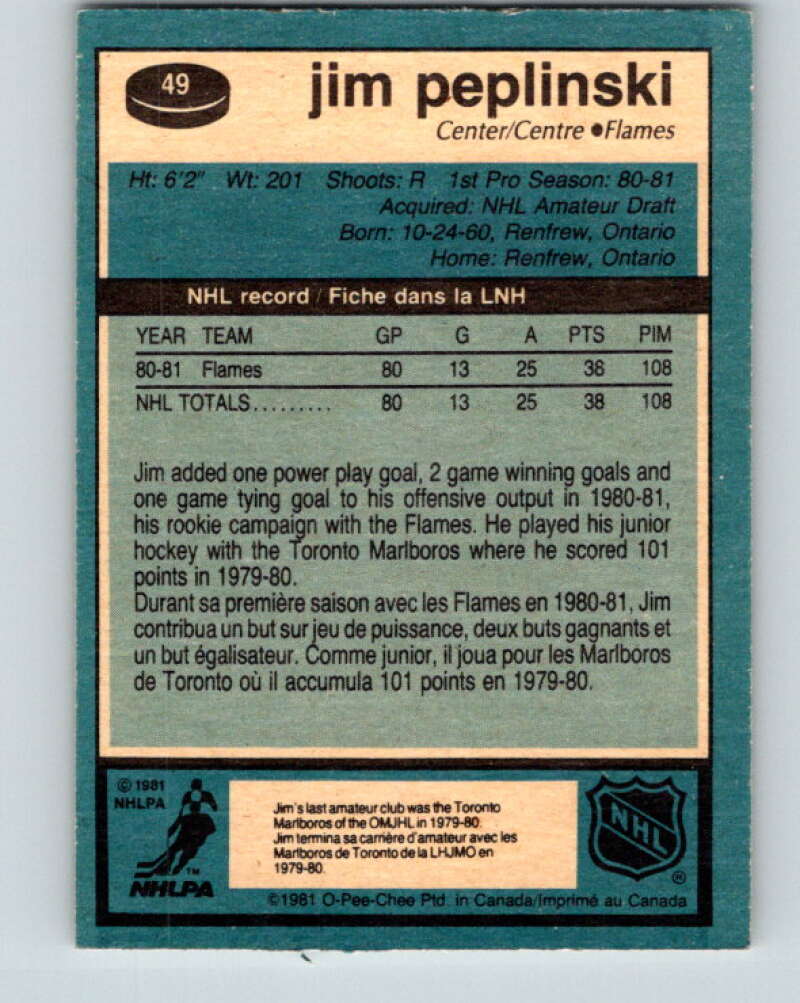 1981-82 O-Pee-Chee #49 Jim Peplinski  RC Rookie Calgary Flames  V29751