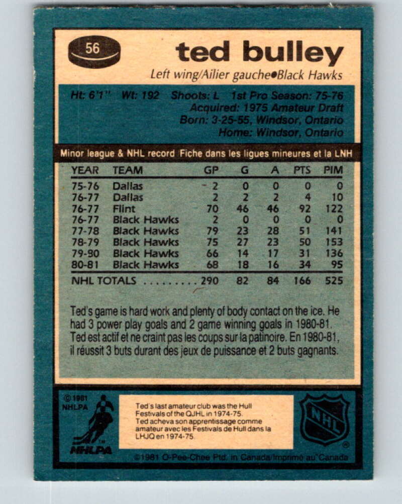 1981-82 O-Pee-Chee #56 Ted Bulley  Chicago Blackhawks  V29795
