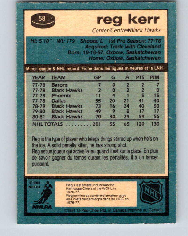 1981-82 O-Pee-Chee #58 Reg Kerr  Chicago Blackhawks  V29817