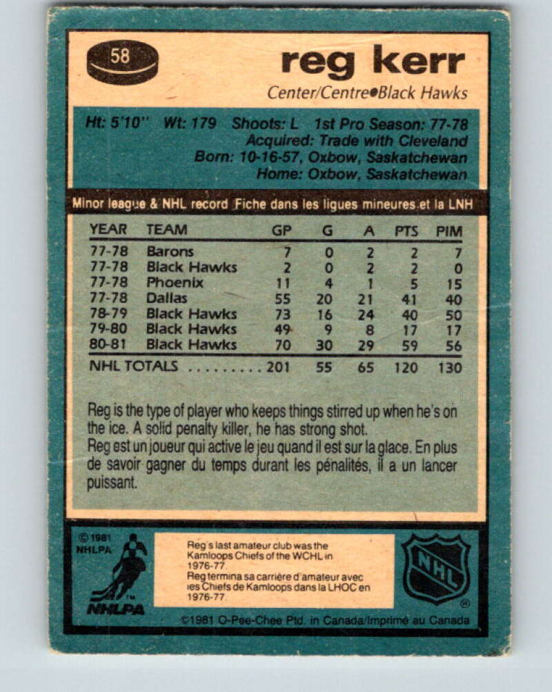 1981-82 O-Pee-Chee #58 Reg Kerr  Chicago Blackhawks  V29818