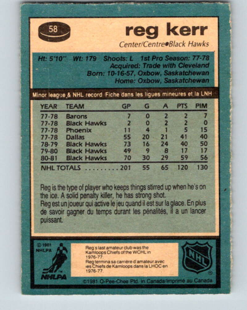 1981-82 O-Pee-Chee #58 Reg Kerr  Chicago Blackhawks  V29819