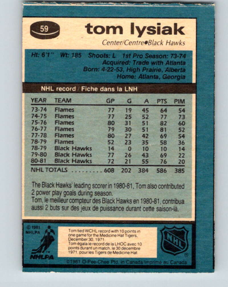 1981-82 O-Pee-Chee #59 Tom Lysiak  Chicago Blackhawks  V29825