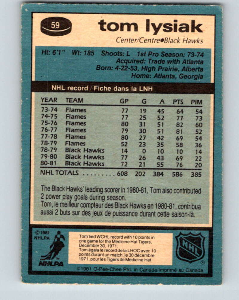 1981-82 O-Pee-Chee #59 Tom Lysiak  Chicago Blackhawks  V29828