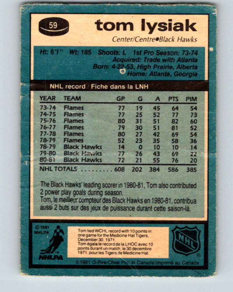1981-82 O-Pee-Chee #59 Tom Lysiak  Chicago Blackhawks  V29829