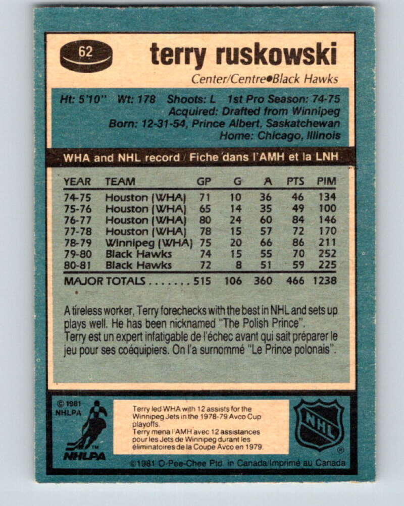 1981-82 O-Pee-Chee #62 Terry Ruskowski  Chicago Blackhawks  V29845