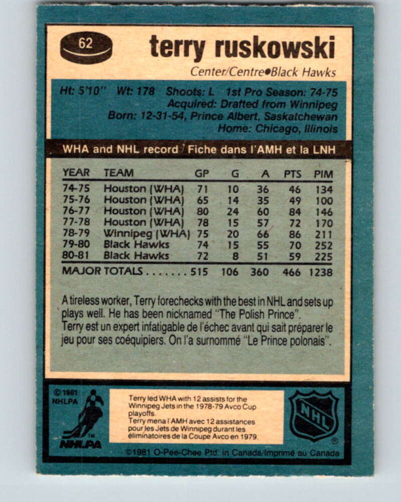 1981-82 O-Pee-Chee #62 Terry Ruskowski  Chicago Blackhawks  V29847