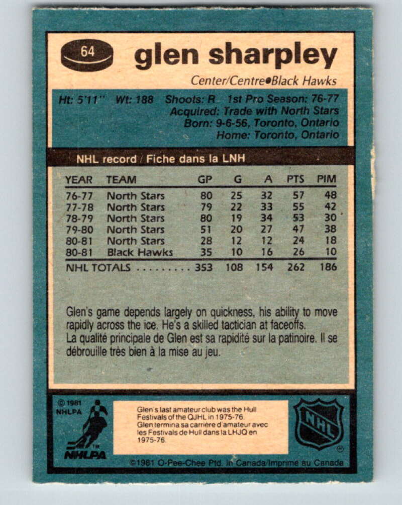 1981-82 O-Pee-Chee #64 Glen Sharpley  Chicago Blackhawks  V29854