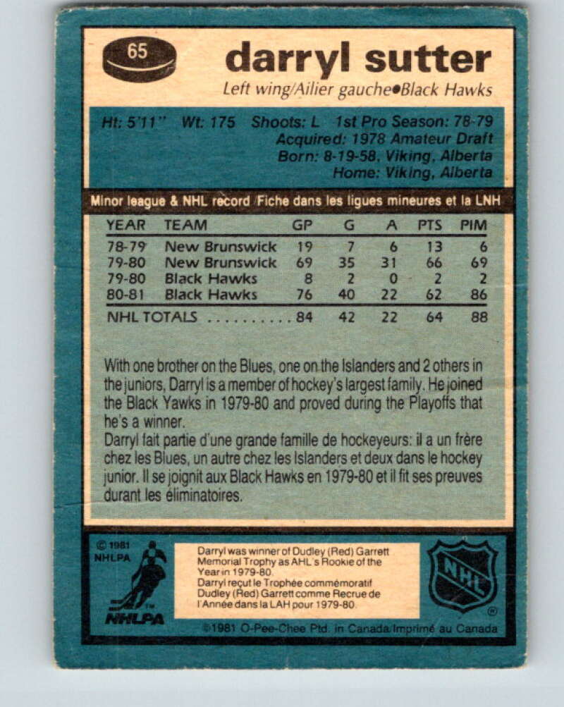 1981-82 O-Pee-Chee #65 Darryl Sutter  RC Rookie Chicago Blackhawks  V29858