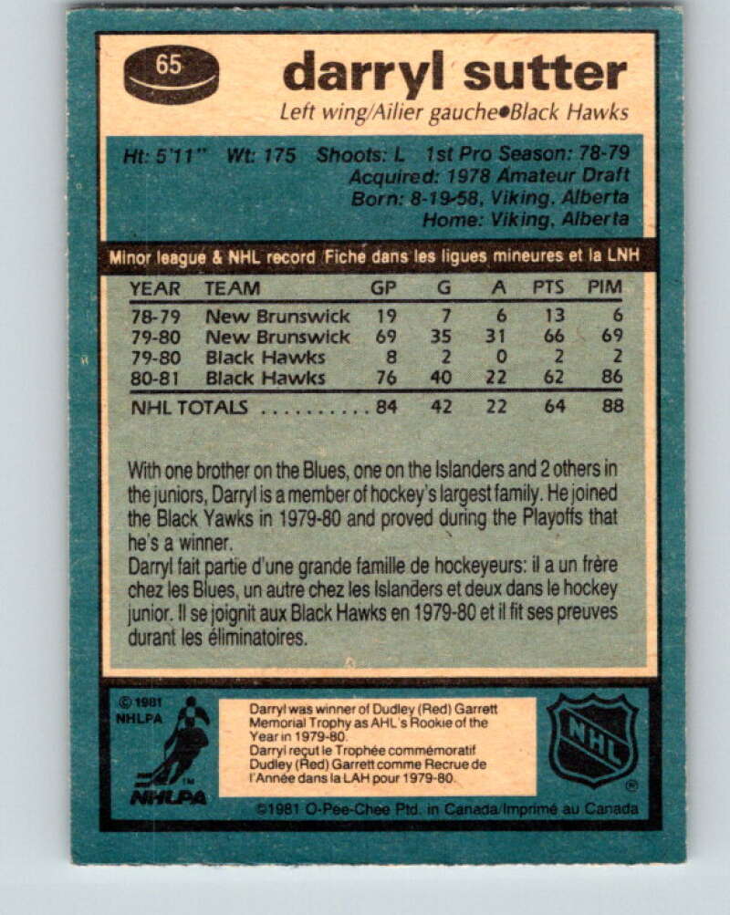 1981-82 O-Pee-Chee #65 Darryl Sutter  RC Rookie Chicago Blackhawks  V29860