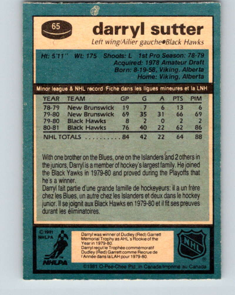 1981-82 O-Pee-Chee #65 Darryl Sutter  RC Rookie Chicago Blackhawks  V29861