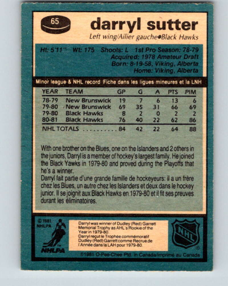 1981-82 O-Pee-Chee #65 Darryl Sutter  RC Rookie Chicago Blackhawks  V29866