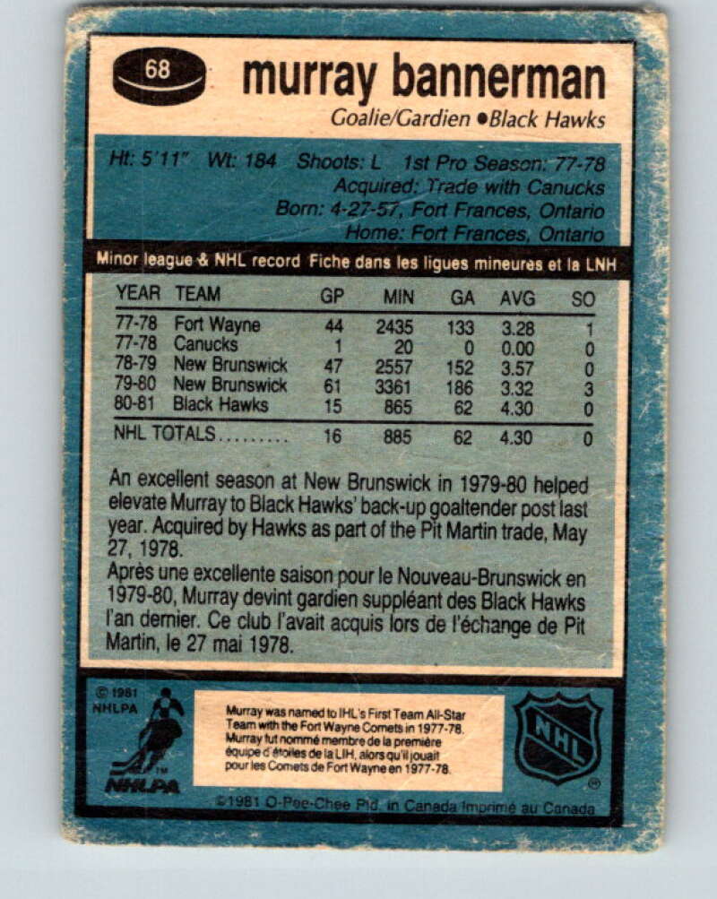 1981-82 O-Pee-Chee #68 Murray Bannerman RC Rookie Blackhawks  V29885