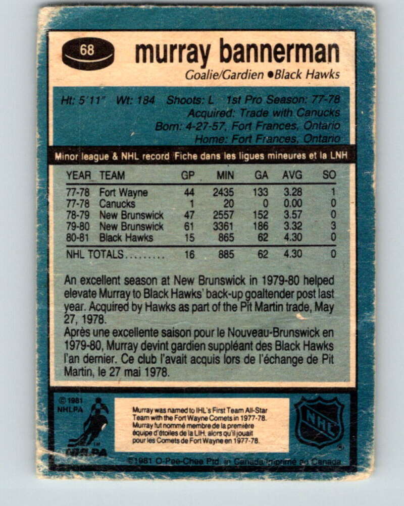 1981-82 O-Pee-Chee #68 Murray Bannerman RC Rookie Blackhawks  V29886