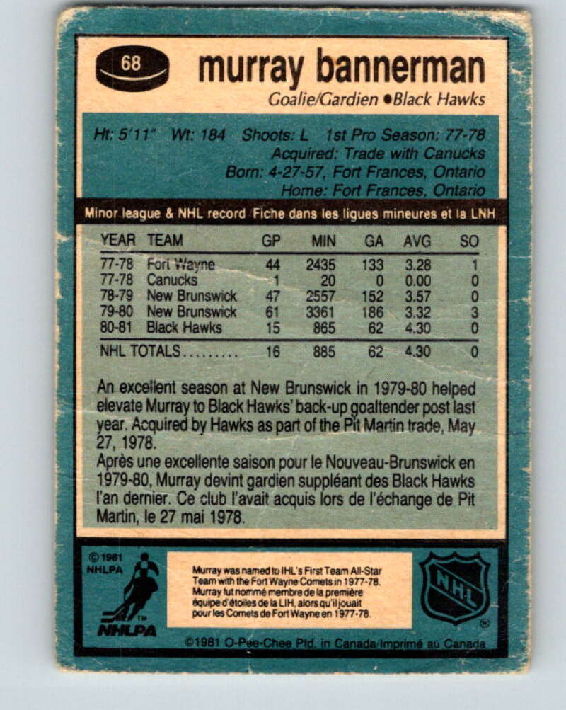 1981-82 O-Pee-Chee #68 Murray Bannerman RC Rookie Blackhawks  V29888