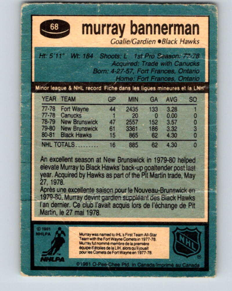 1981-82 O-Pee-Chee #68 Murray Bannerman RC Rookie Blackhawks  V29889
