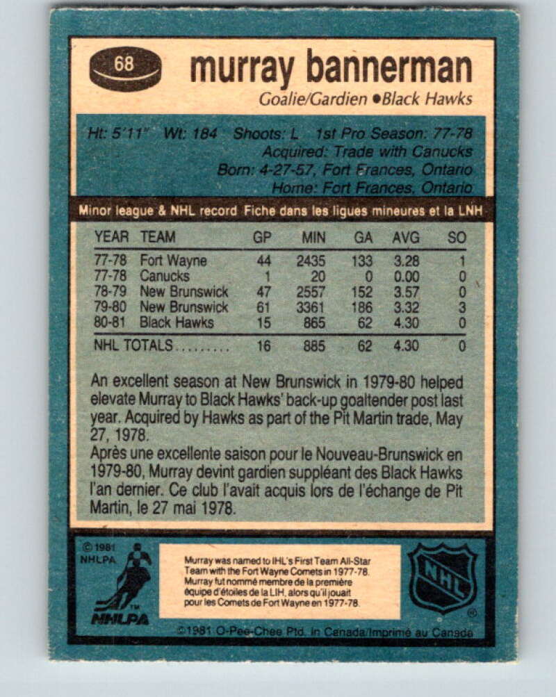 1981-82 O-Pee-Chee #68 Murray Bannerman RC Rookie Blackhawks  V29892
