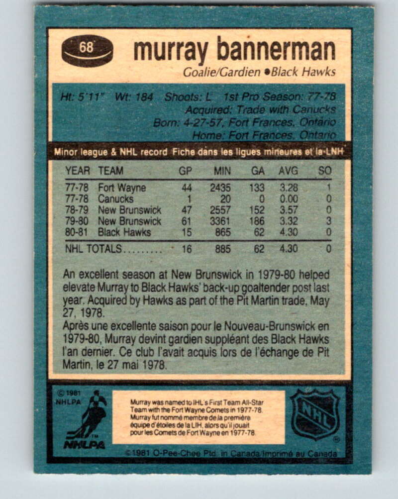 1981-82 O-Pee-Chee #68 Murray Bannerman RC Rookie Blackhawks  V29893