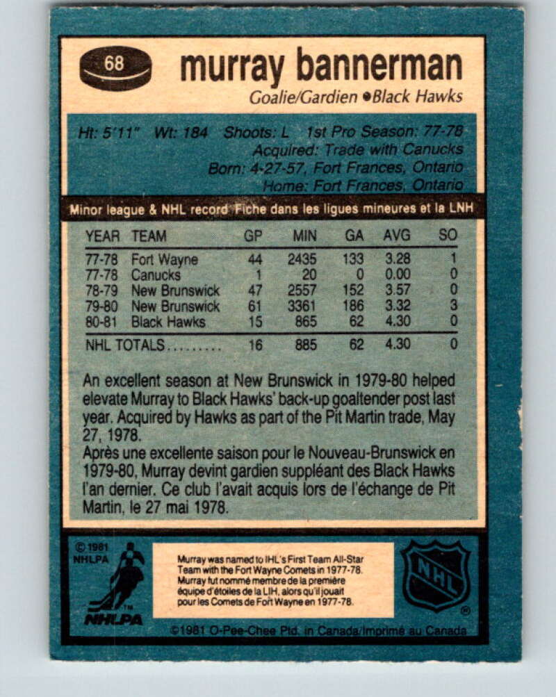 1981-82 O-Pee-Chee #68 Murray Bannerman RC Rookie Blackhawks  V29896