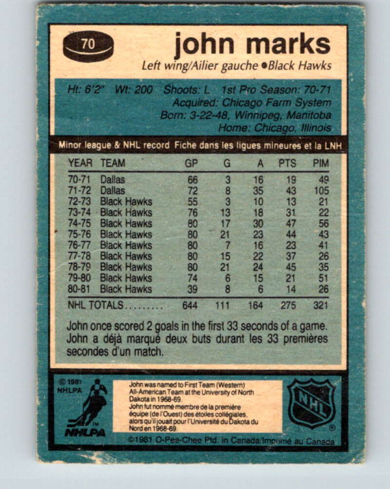 1981-82 O-Pee-Chee #70 John Marks  Chicago Blackhawks  V29905