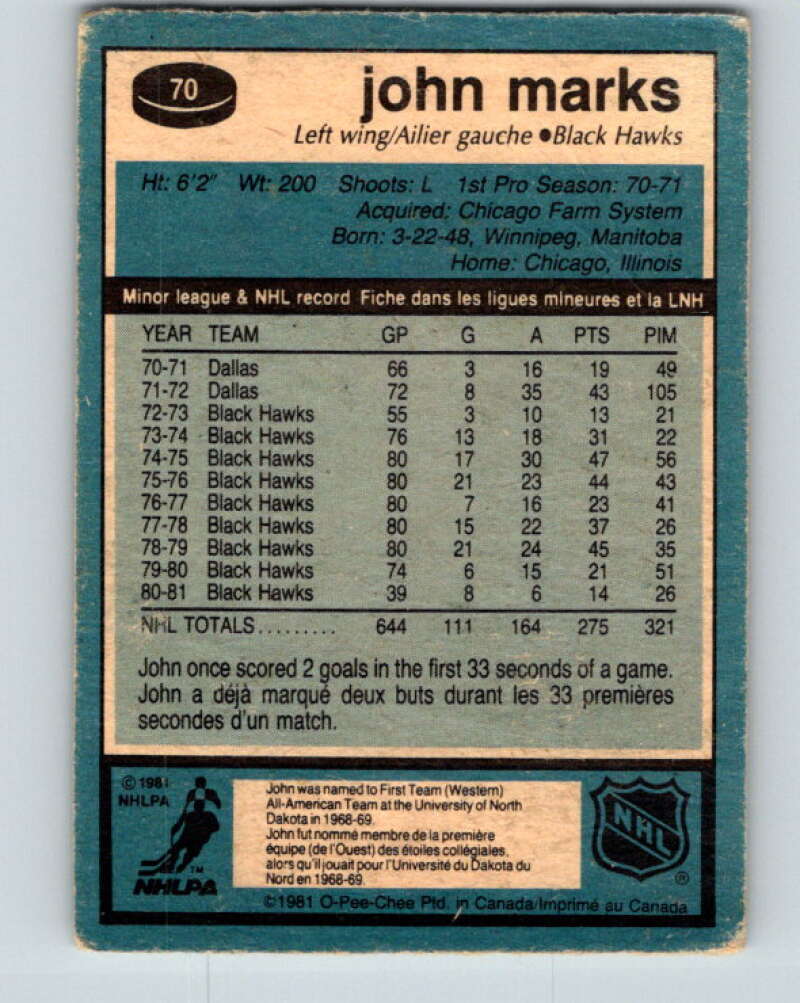 1981-82 O-Pee-Chee #70 John Marks  Chicago Blackhawks  V29910