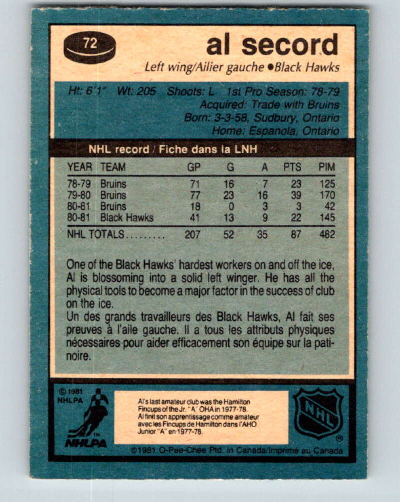 1981-82 O-Pee-Chee #72 Al Secord  Chicago Blackhawks  V29926