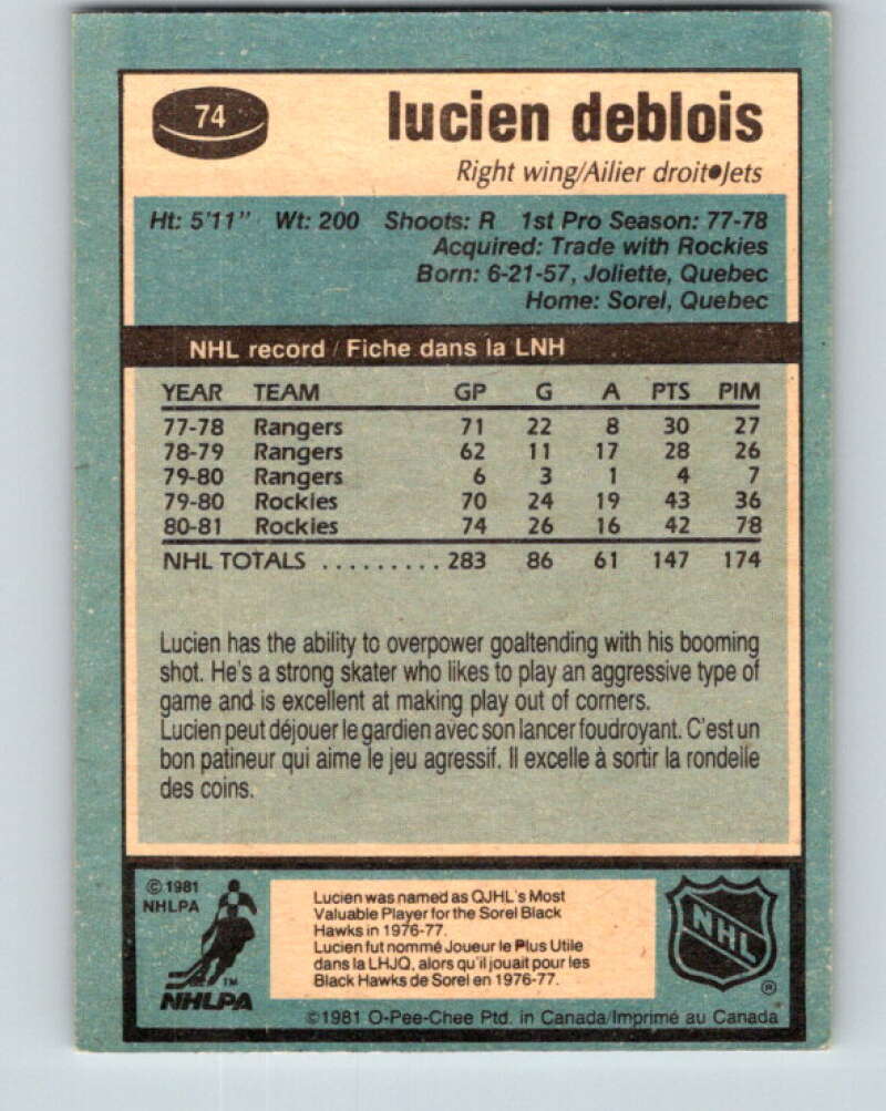 1981-82 O-Pee-Chee #74 Lucien DeBlois  Winnipeg Jets  V29936