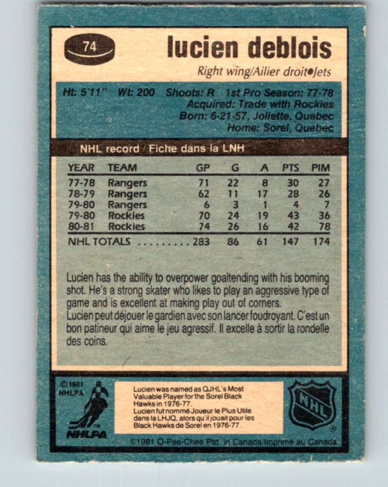 1981-82 O-Pee-Chee #74 Lucien DeBlois  Winnipeg Jets  V29937
