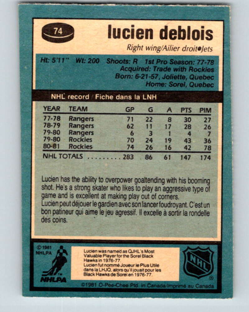 1981-82 O-Pee-Chee #74 Lucien DeBlois  Winnipeg Jets  V29938