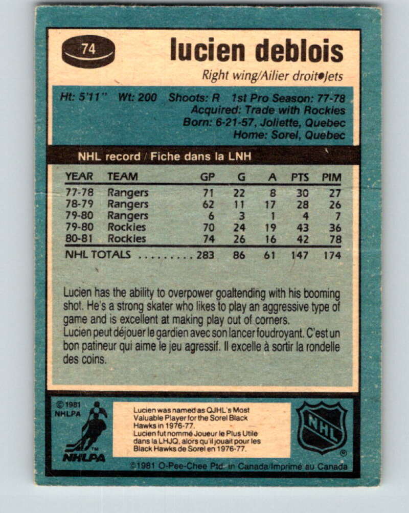 1981-82 O-Pee-Chee #74 Lucien DeBlois  Winnipeg Jets  V29939