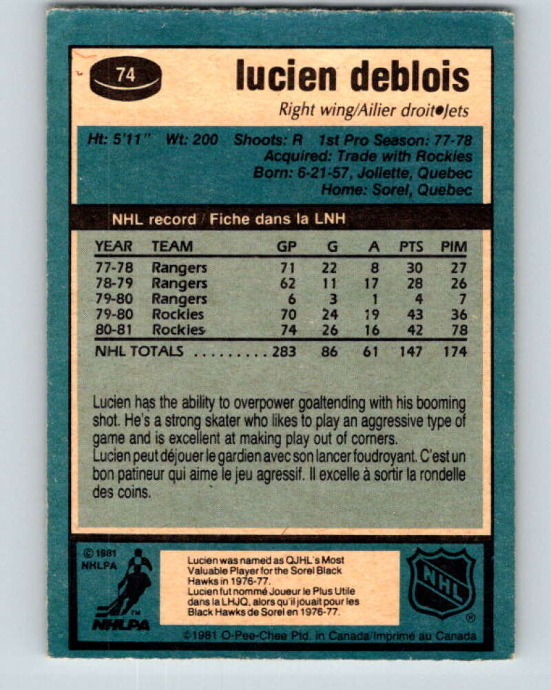 1981-82 O-Pee-Chee #74 Lucien DeBlois  Winnipeg Jets  V29940