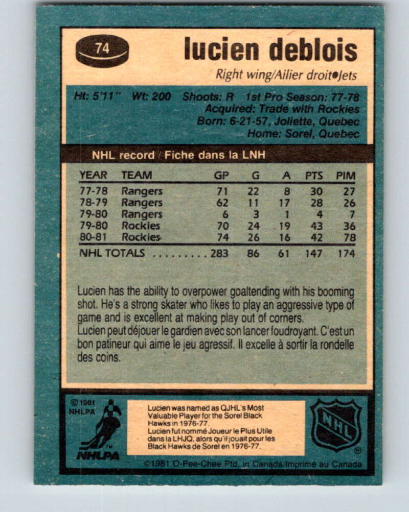 1981-82 O-Pee-Chee #74 Lucien DeBlois  Winnipeg Jets  V29941