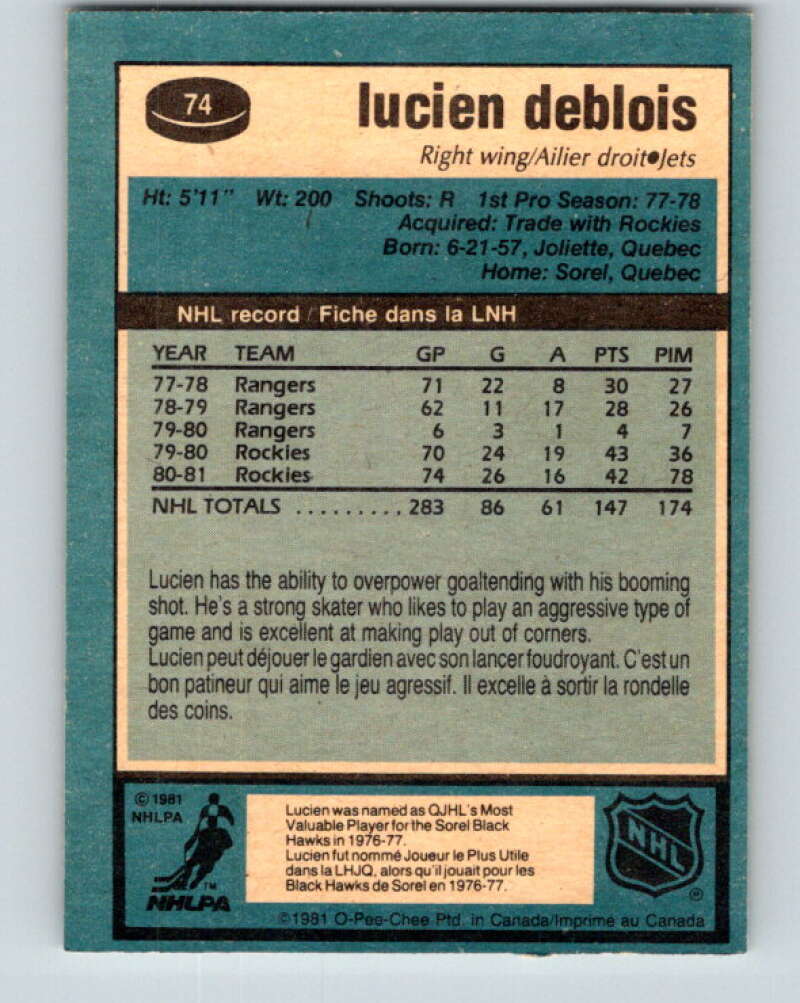 1981-82 O-Pee-Chee #74 Lucien DeBlois  Winnipeg Jets  V29942