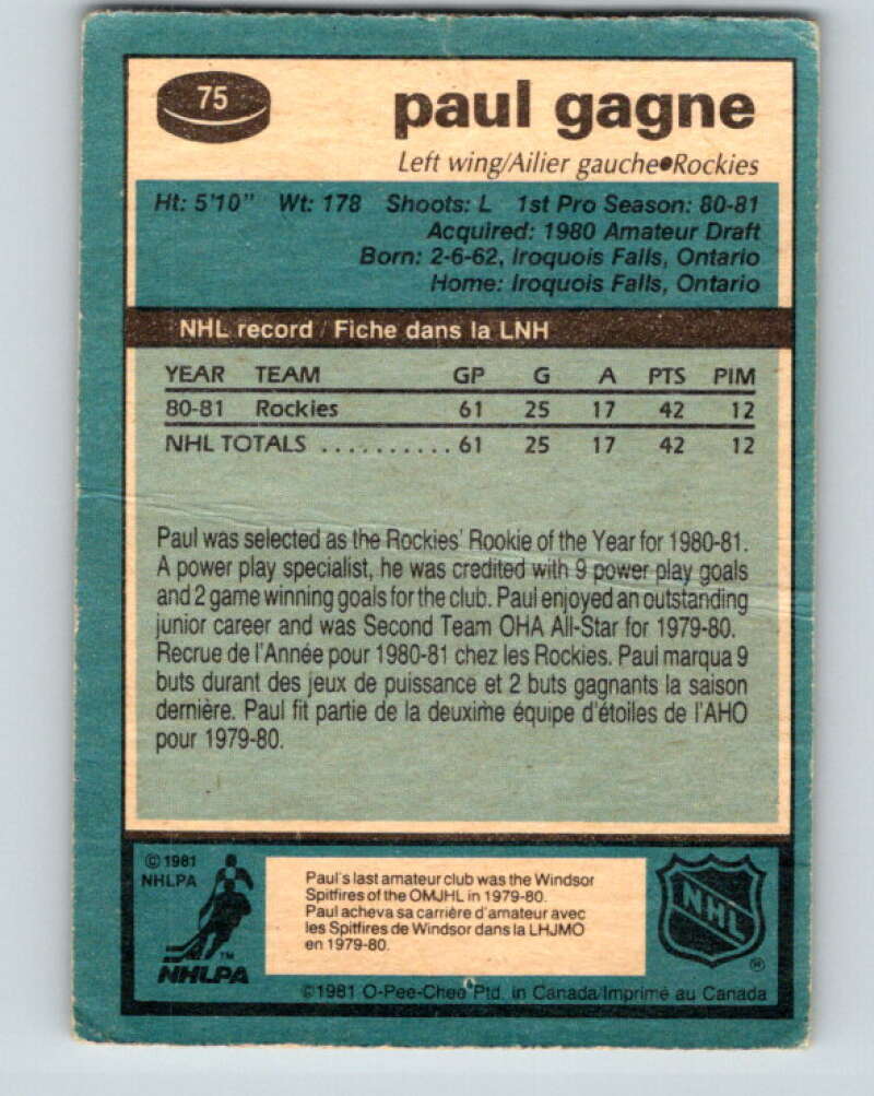 1981-82 O-Pee-Chee #75 Paul Gagne  RC Rookie Colorado Rockies  V29943
