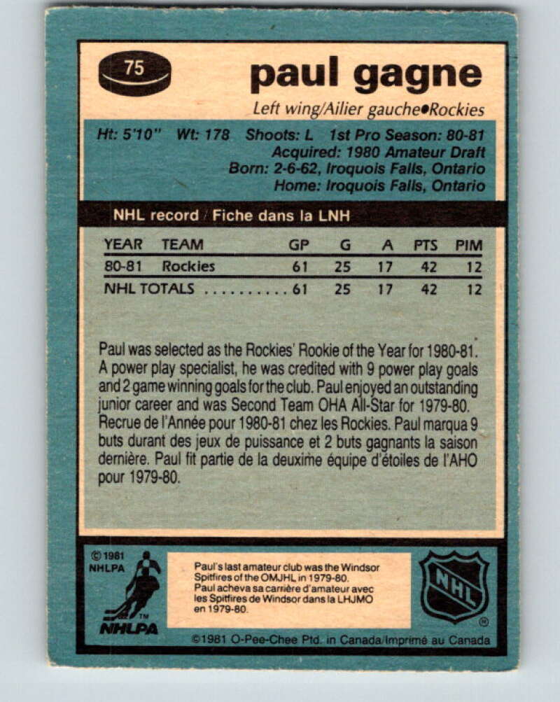 1981-82 O-Pee-Chee #75 Paul Gagne  RC Rookie Colorado Rockies  V29946