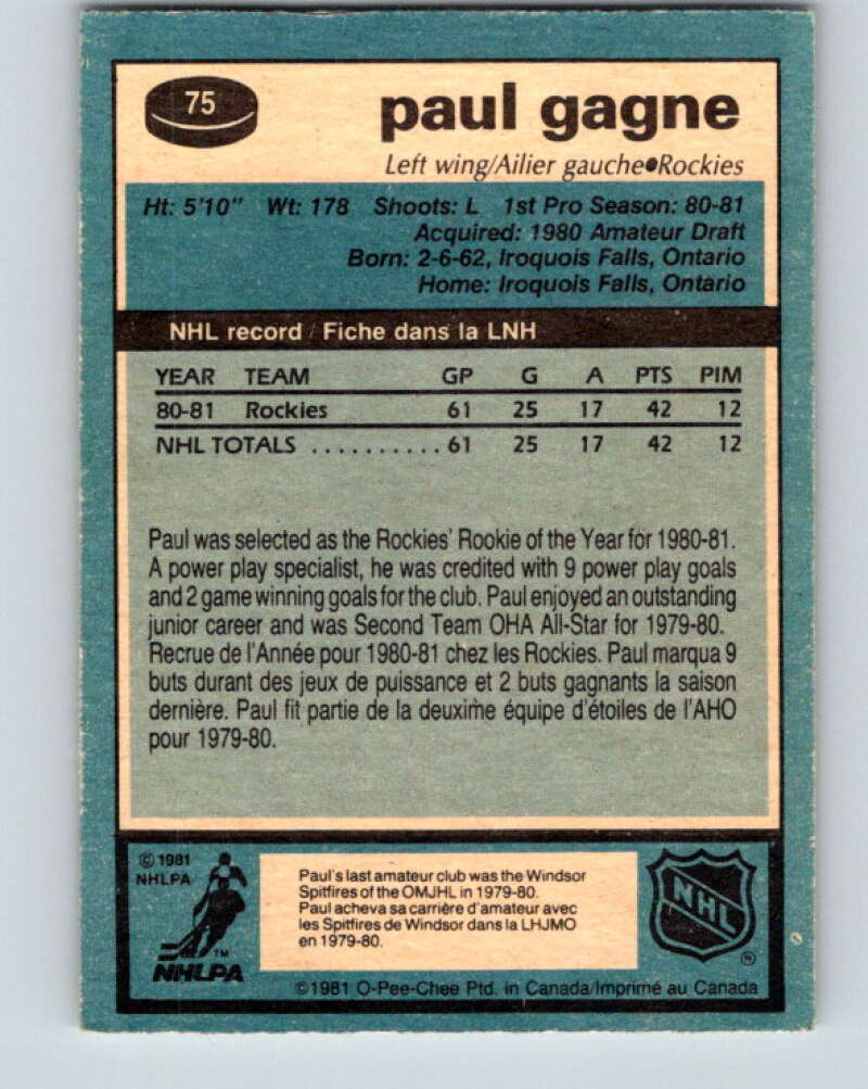 1981-82 O-Pee-Chee #75 Paul Gagne  RC Rookie Colorado Rockies  V29951