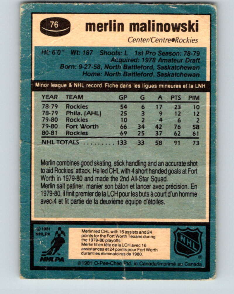 1981-82 O-Pee-Chee #76 Merlin Malinowski RC Rookie Rockies  V29954