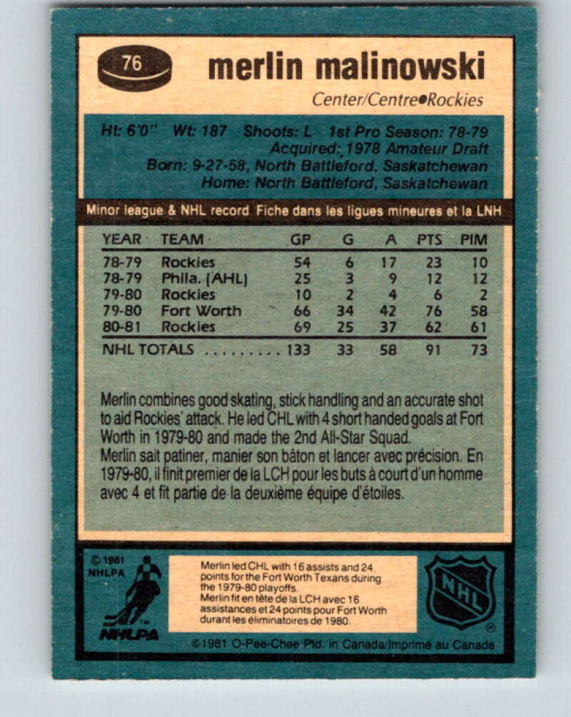 1981-82 O-Pee-Chee #76 Merlin Malinowski RC Rookie Rockies  V29956