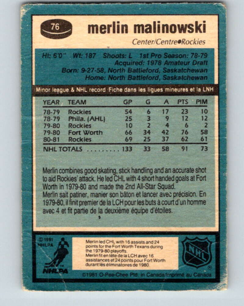1981-82 O-Pee-Chee #76 Merlin Malinowski RC Rookie Rockies  V29958