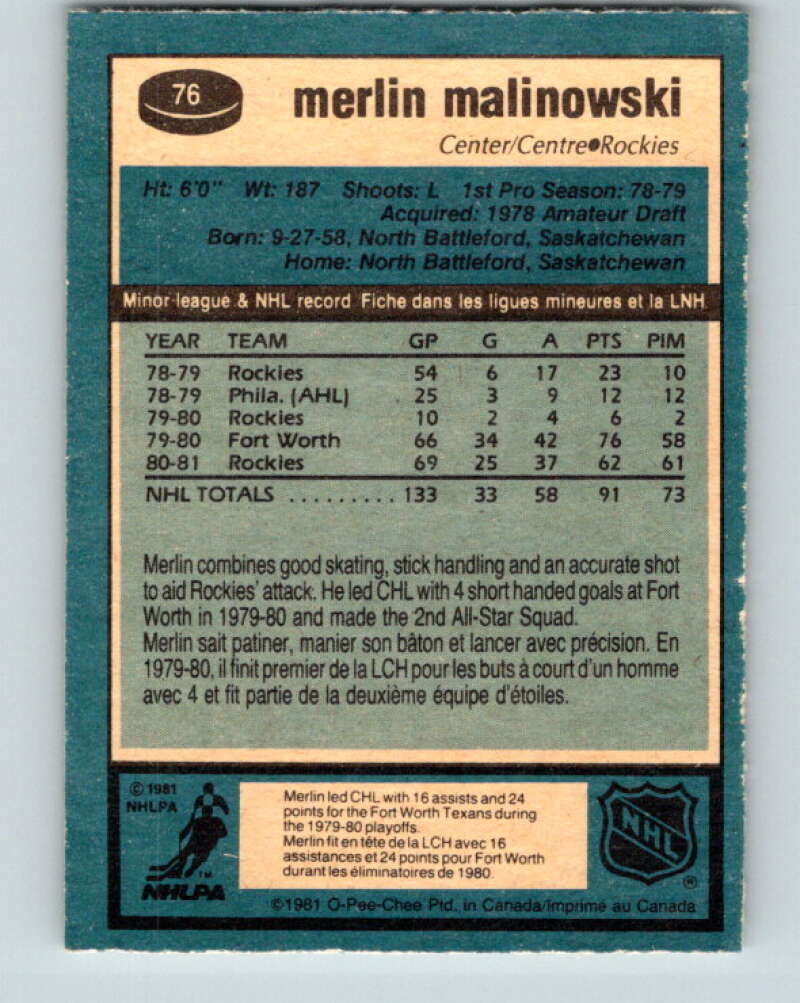 1981-82 O-Pee-Chee #76 Merlin Malinowski RC Rookie Rockies  V29960