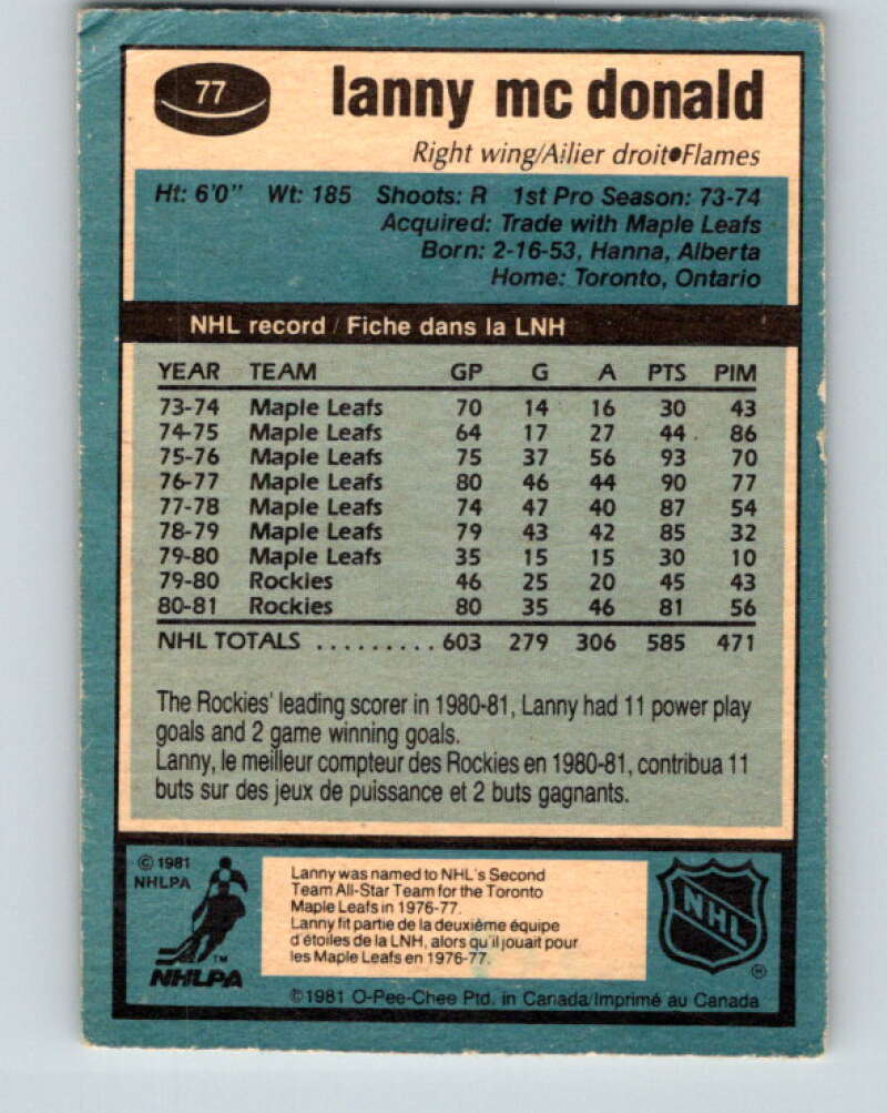 1981-82 O-Pee-Chee #77 Lanny McDonald  Calgary Flames  V29965