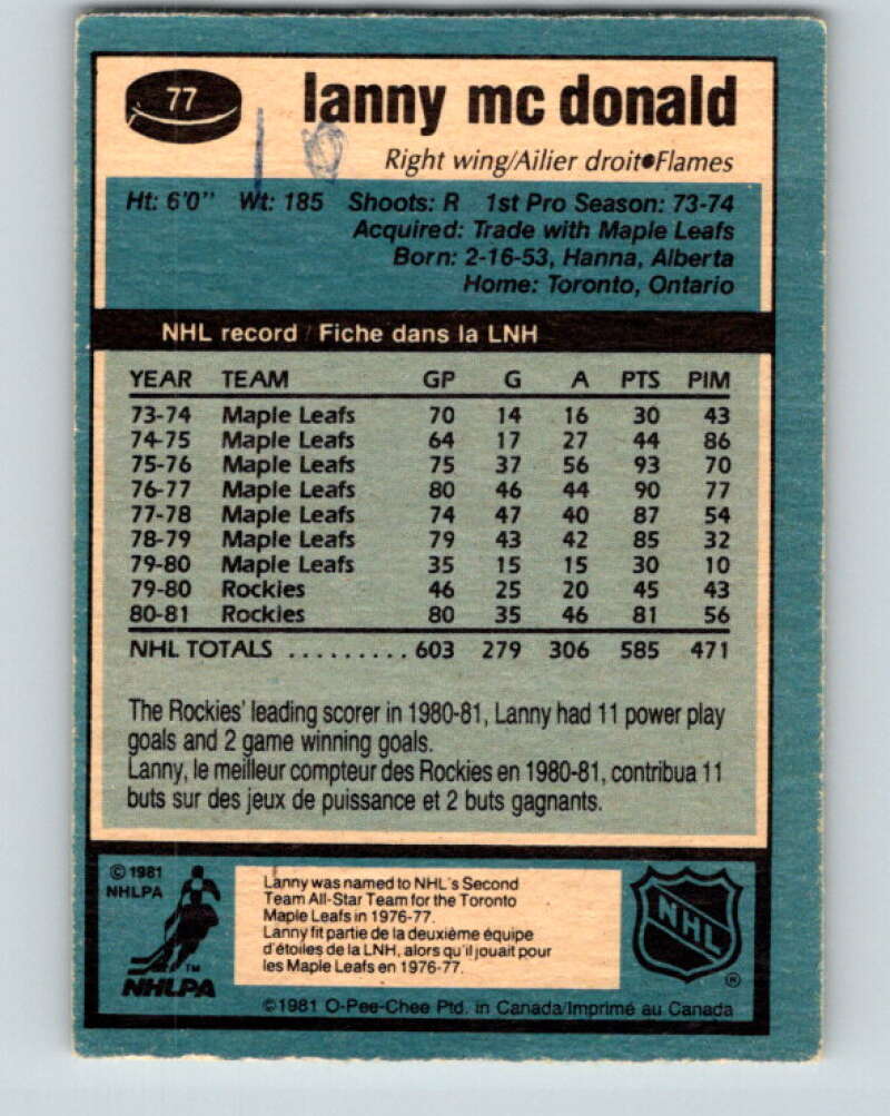 1981-82 O-Pee-Chee #77 Lanny McDonald  Calgary Flames  V29966