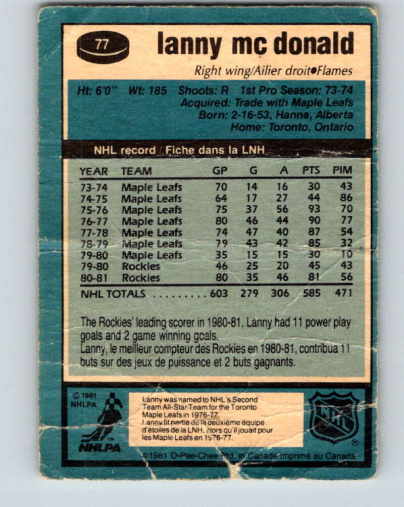 1981-82 O-Pee-Chee #77 Lanny McDonald  Calgary Flames  V29968