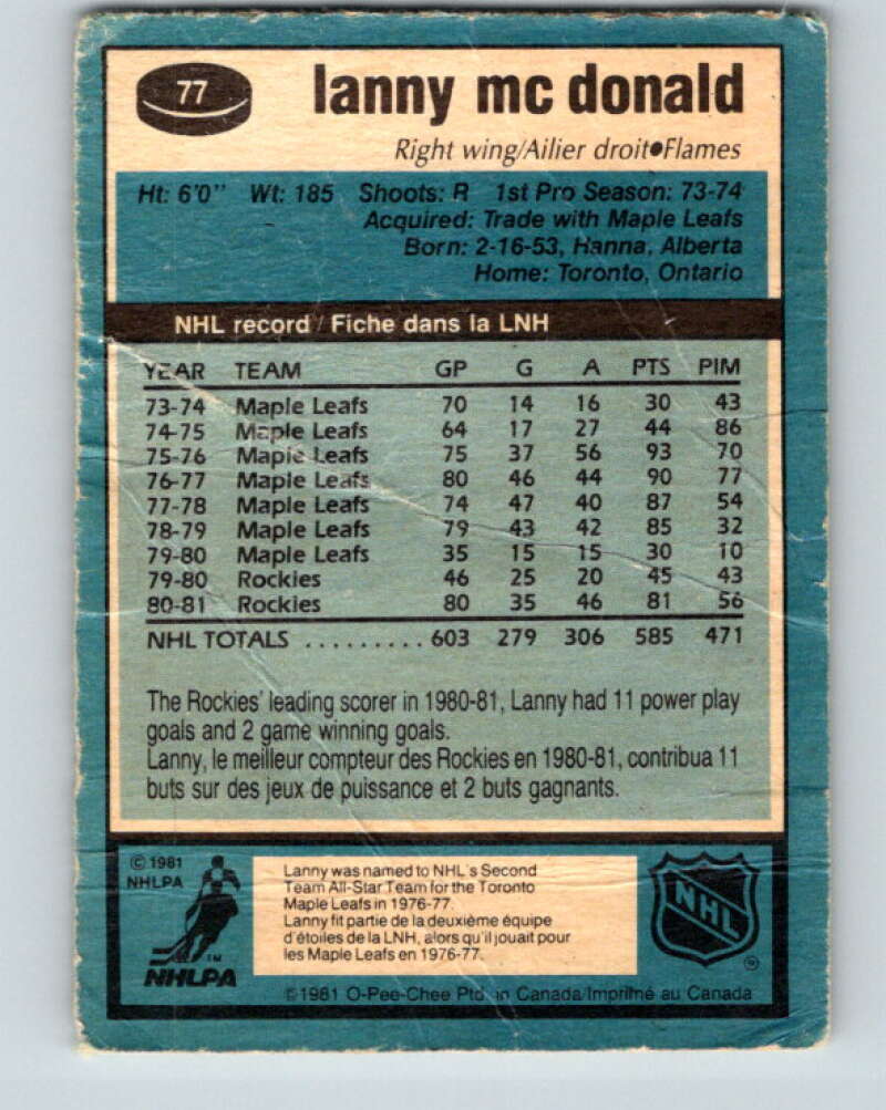  (CI) Lanny McDonald Hockey Card 1981-82 Topps 50 Lanny