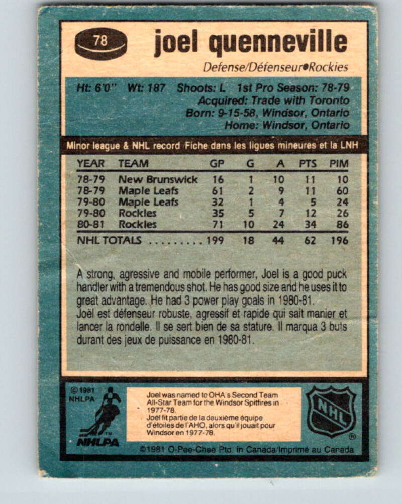 1981-82 O-Pee-Chee #78 Joel Quenneville  Colorado Rockies  V29976